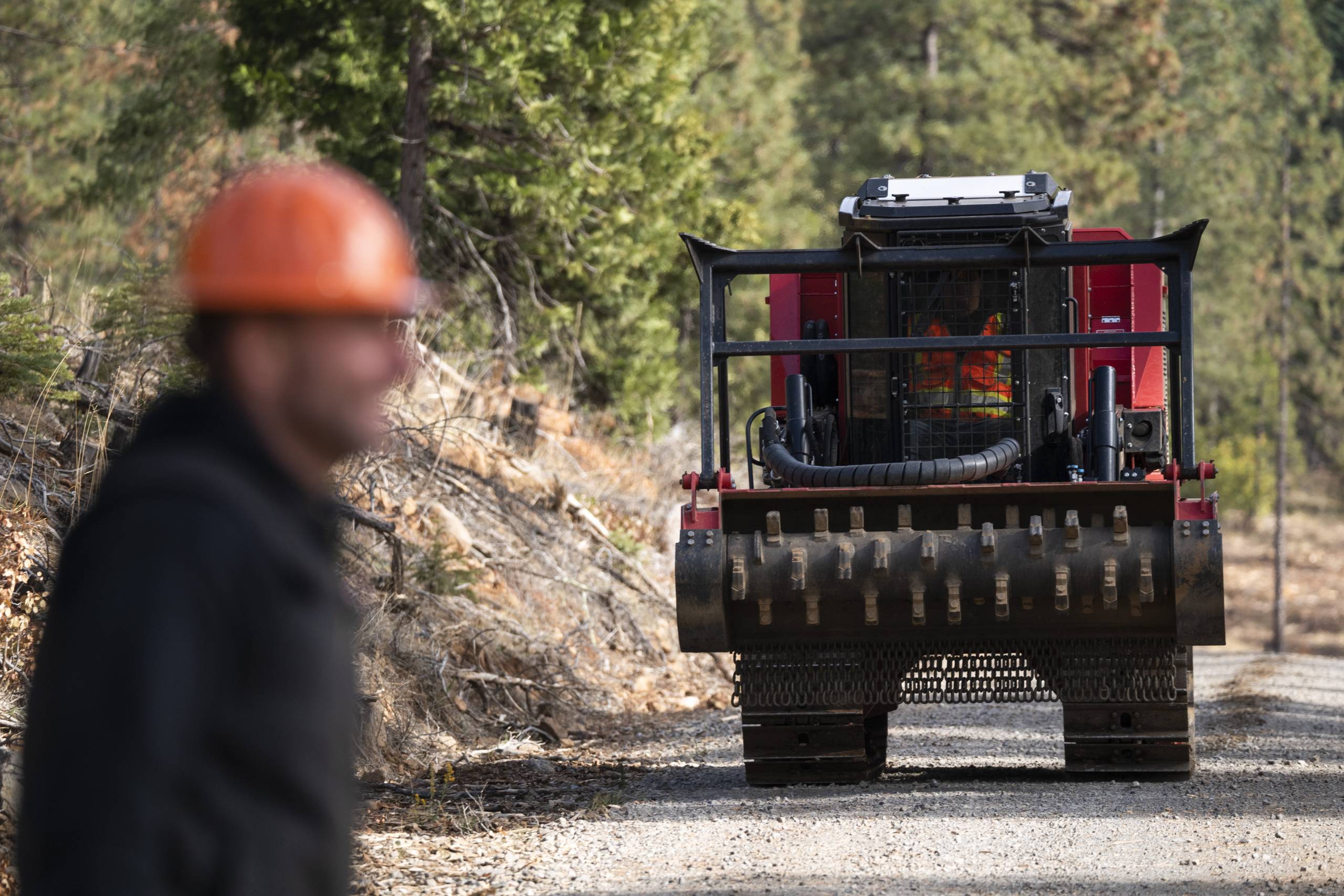 Person walks past heavy machinery in a forest