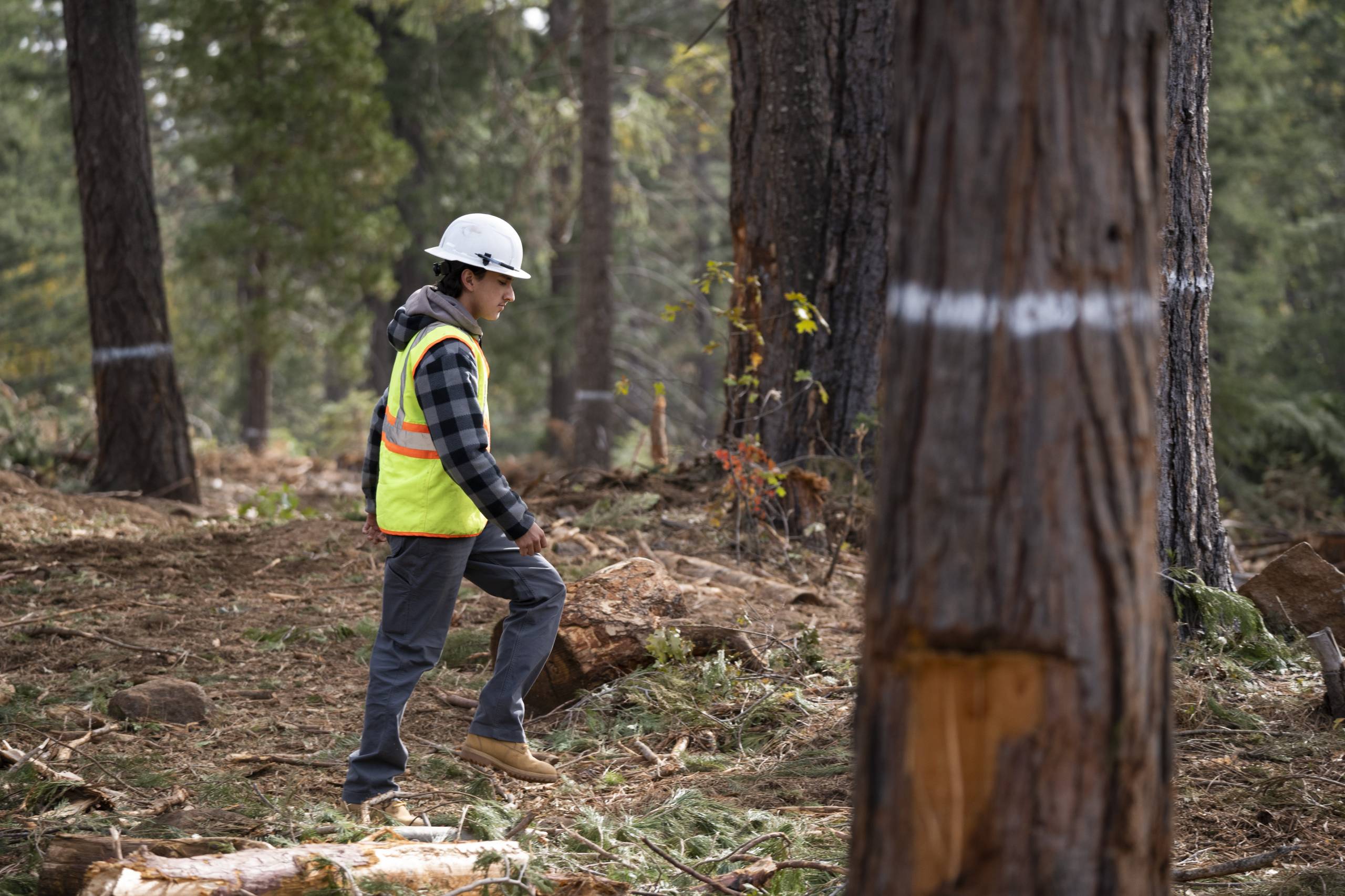 Person in helmet walking through forest