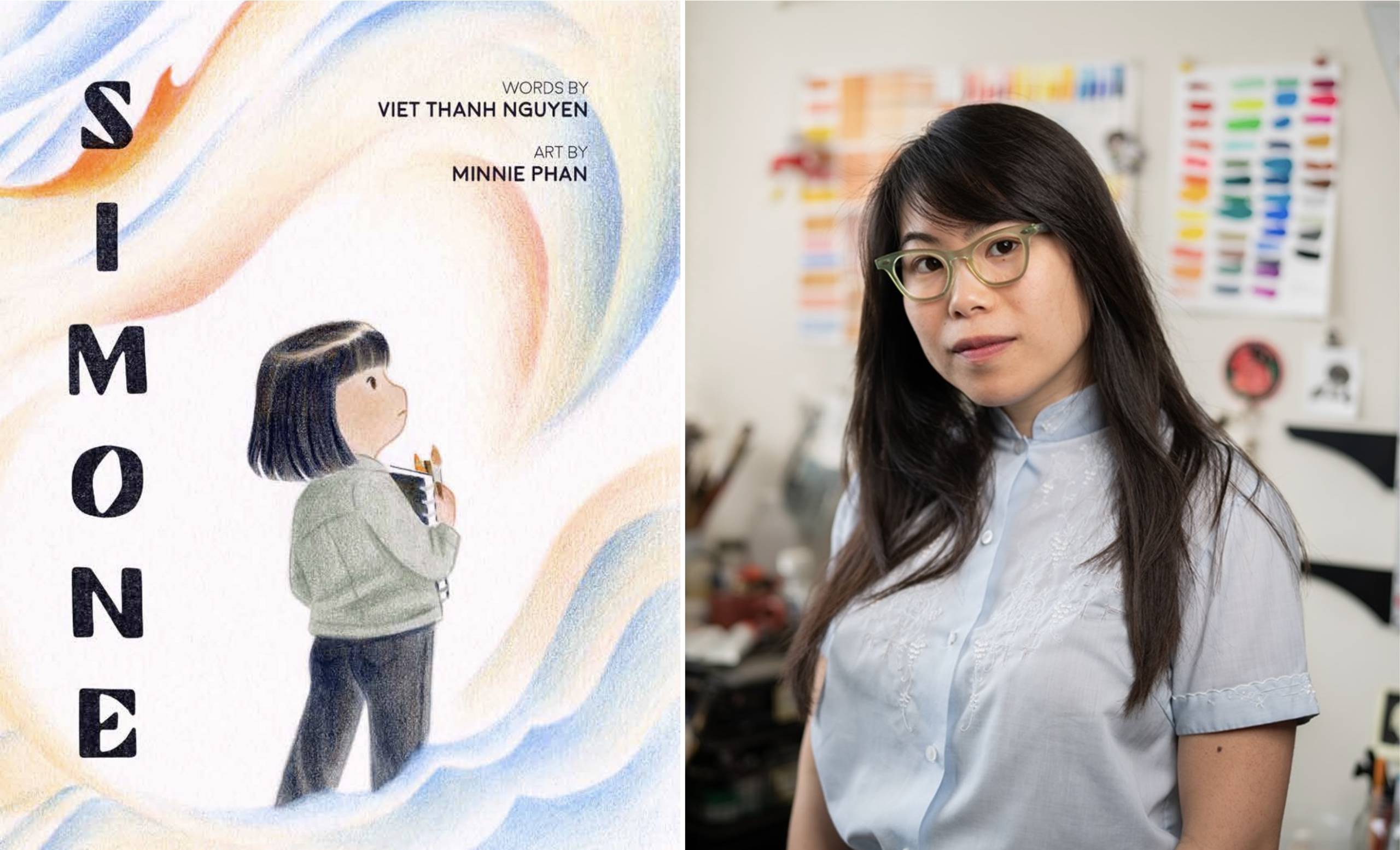 Book jacket featuring a girl holding sketchbook on the left, a female author on the right.