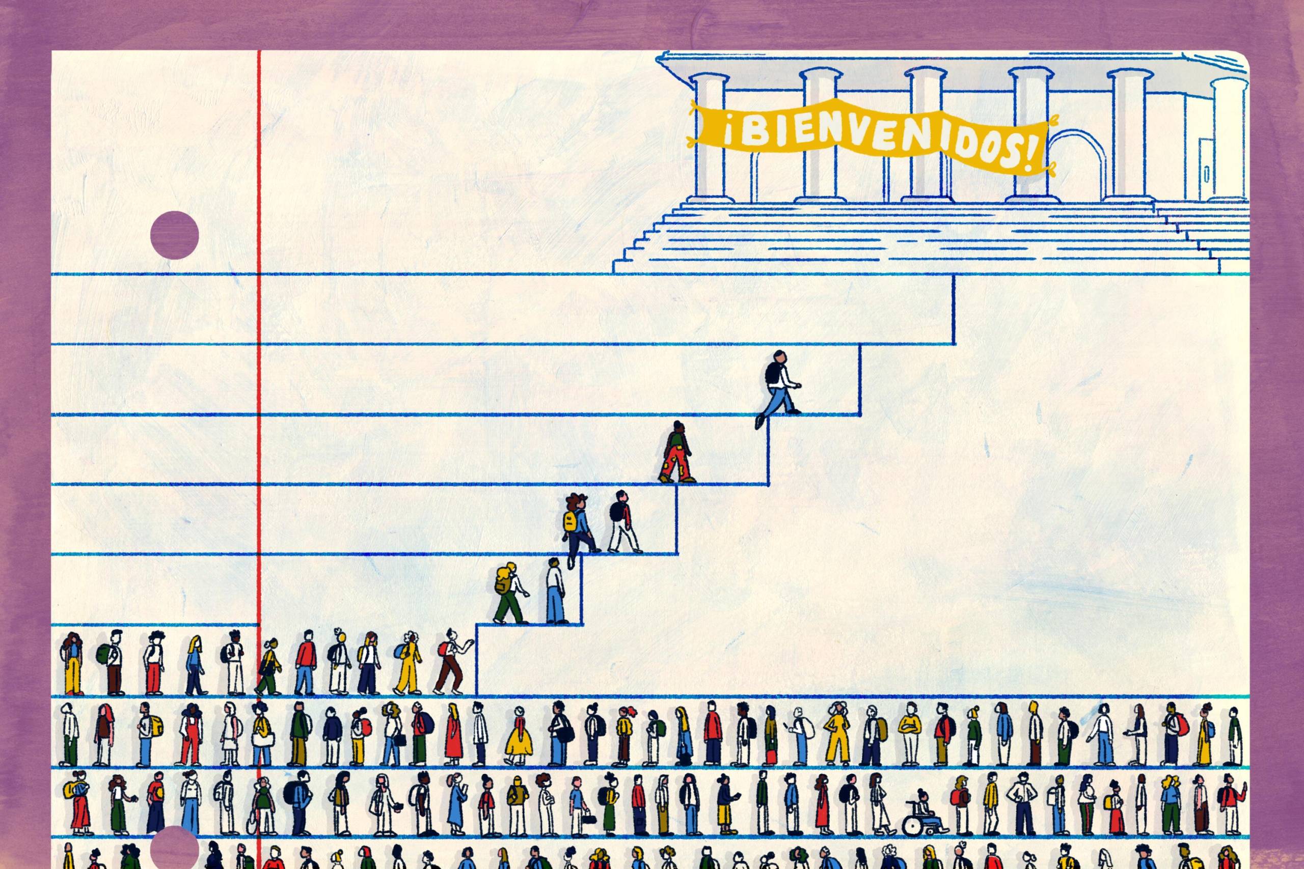 Drawing of students ascending stairs to a college drawn on school lined paper