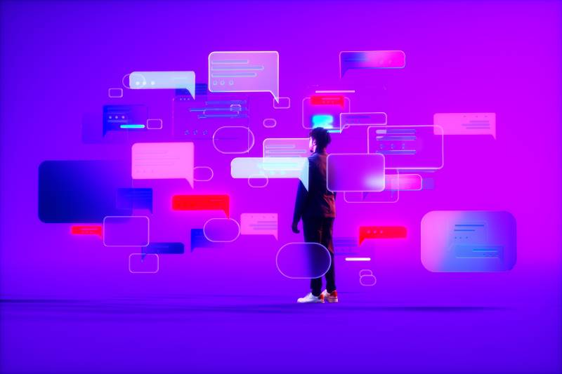 Illustration of person standing in front of text bubbles