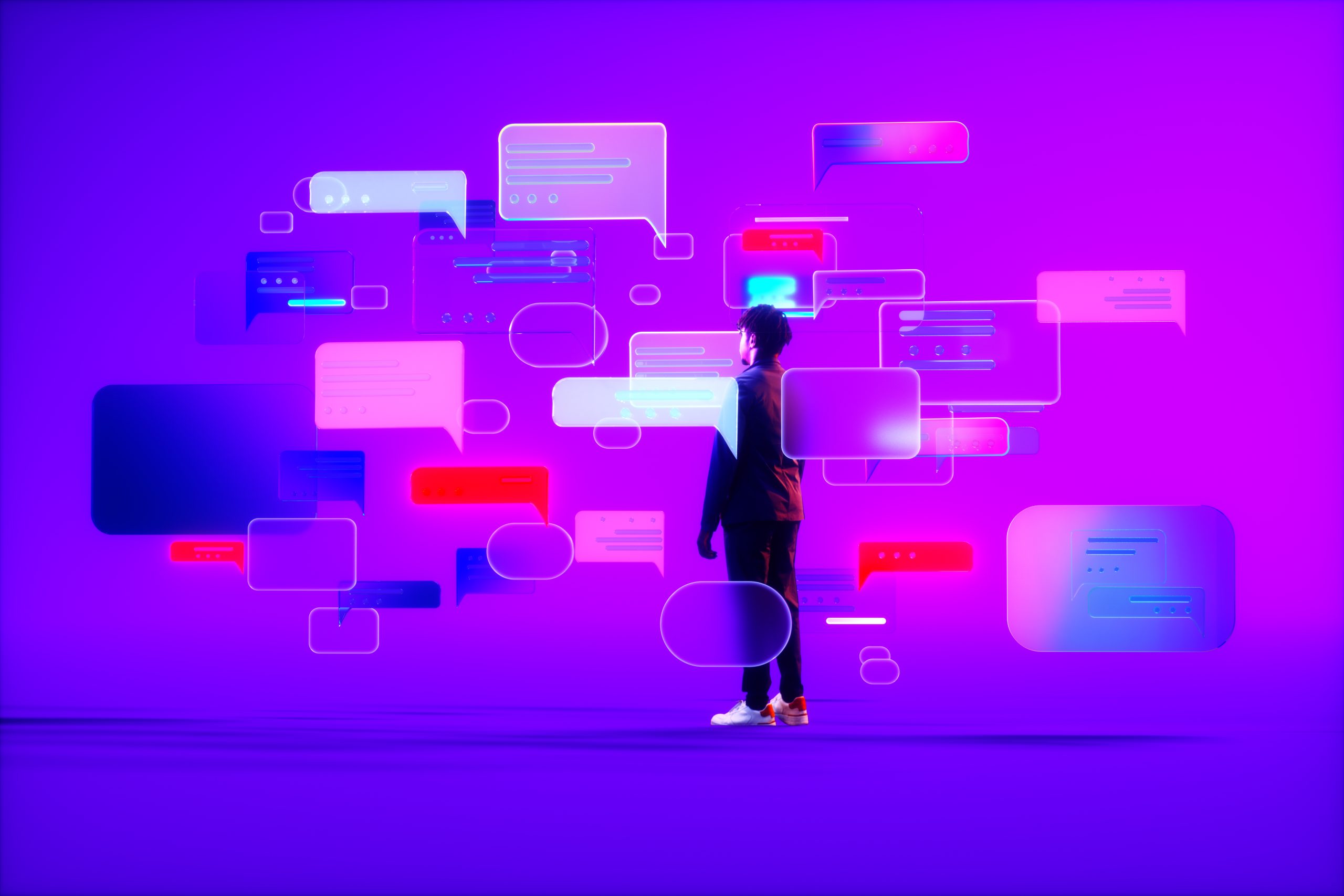 Illustration of person standing in front of text bubbles