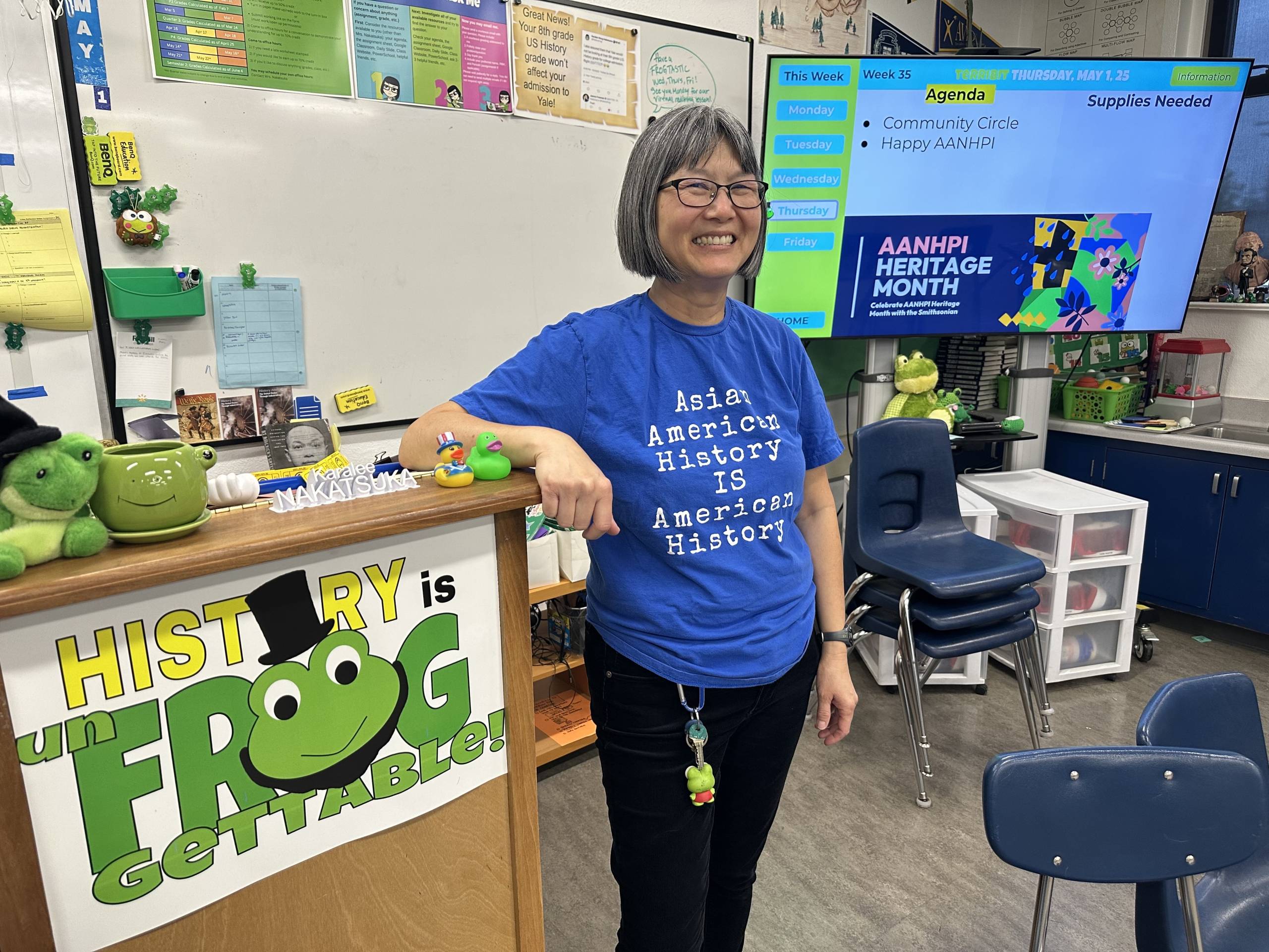 Teacher standing at lectern in front of class