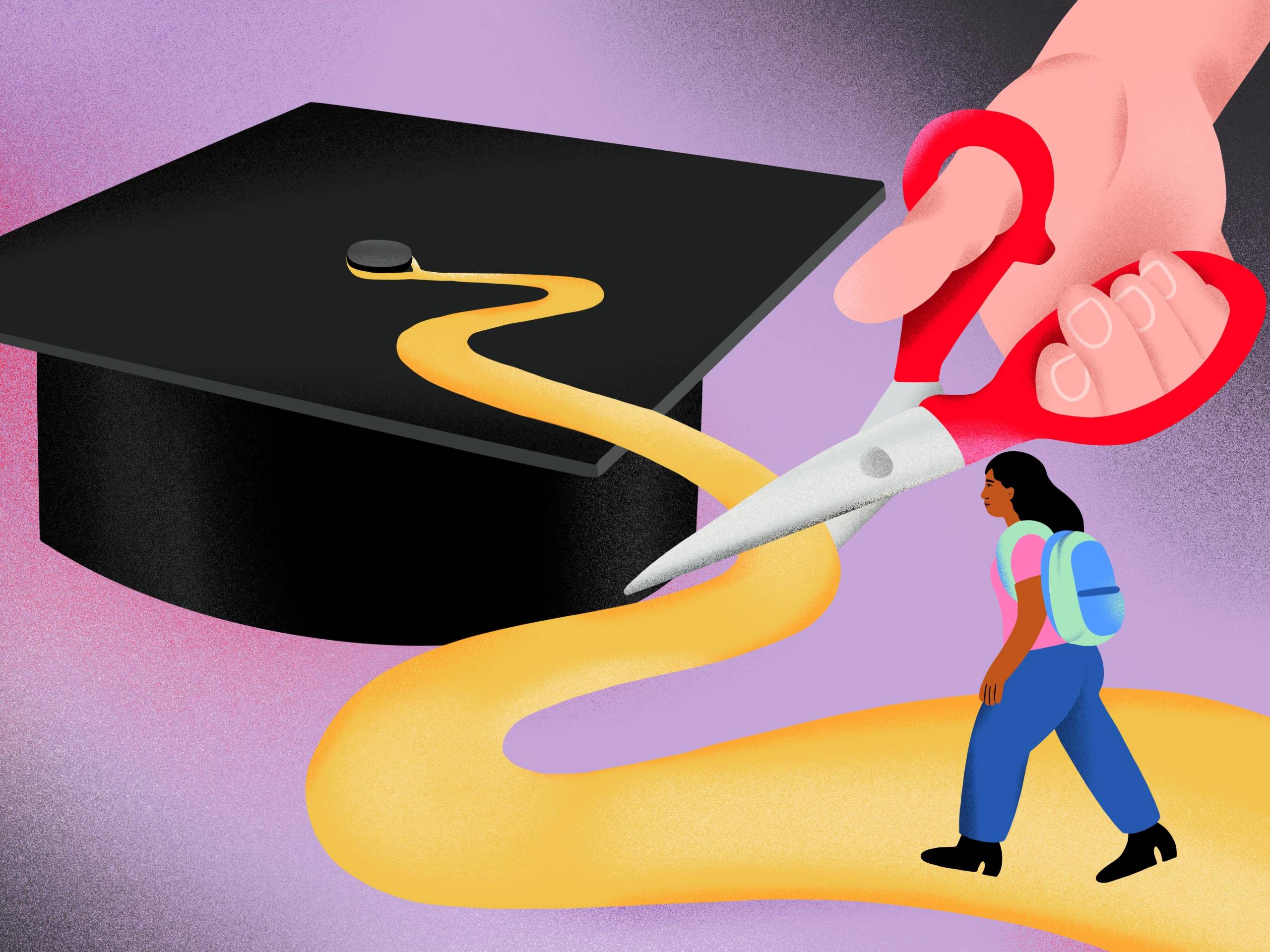 Illustration of a student walking on the tassel of a graduation cap. The tassel is about to be cut by a pair of scissors.