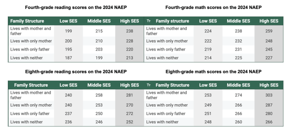 Spreadsheet listing family structure with test scores