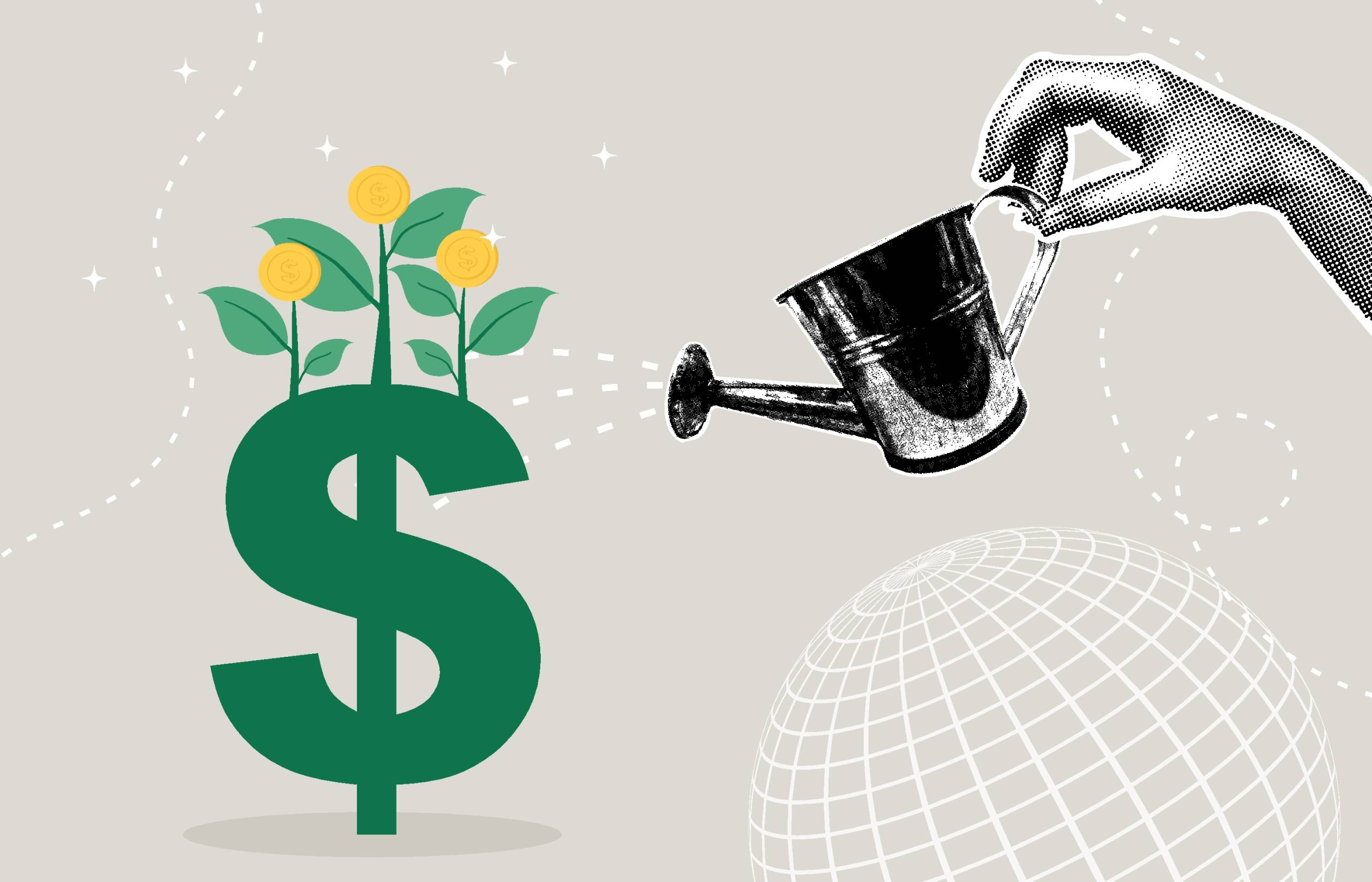 Illustration of hand with watering can growing money