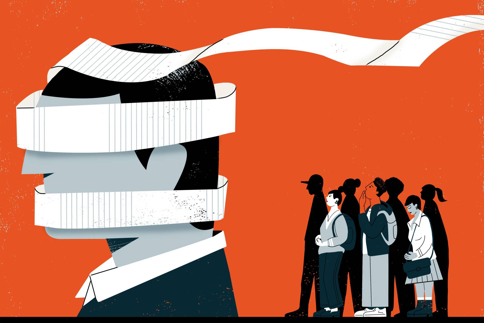 Illustration of a man blinded with tape as students watch