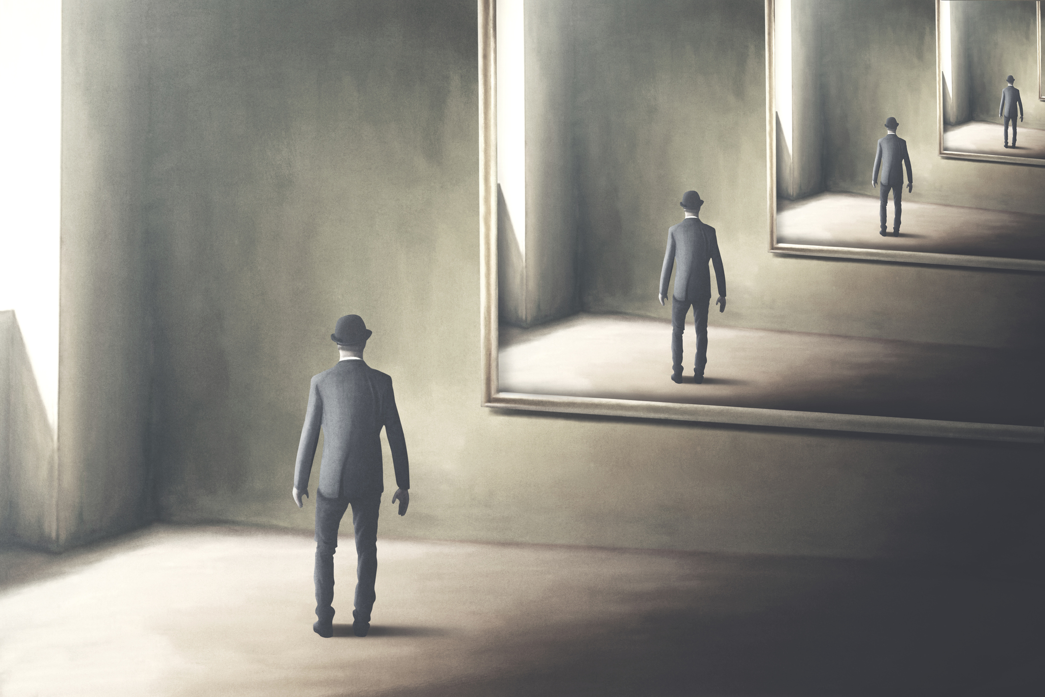 Surreal illustration of man reflecting himself in the mirror on a loop