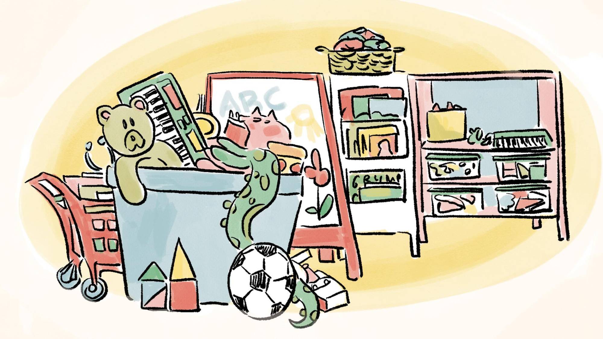 This illustration shows a room full of toys.
