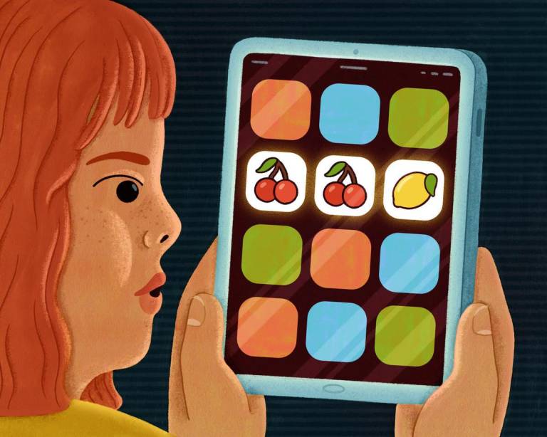This illustration shows a child holding a smartphone. Three app icons in a row show "cherry, cherry, lemon" — symbols that you might see on a slot machine.