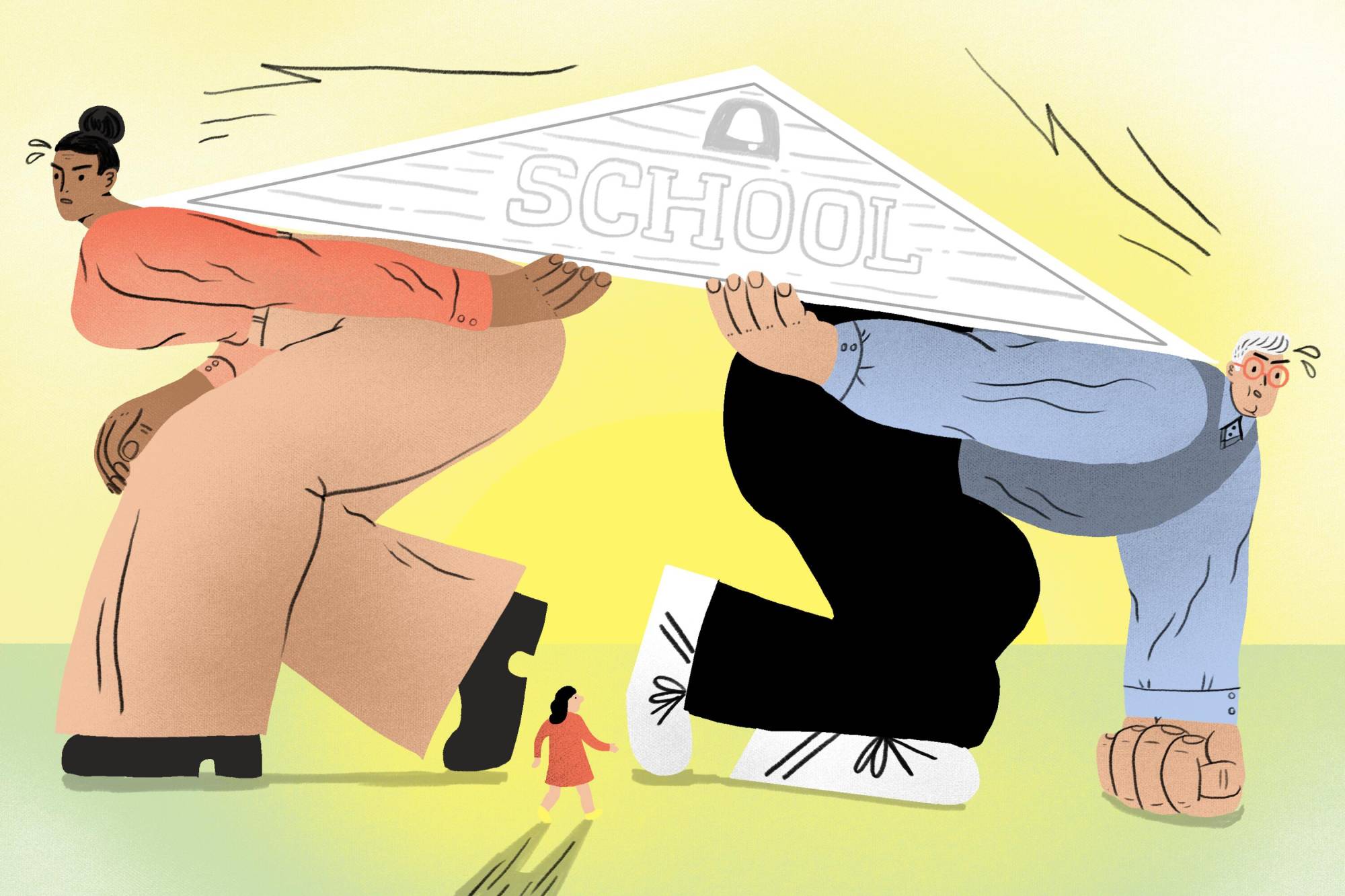 Two teachers act as pillars and hold up the school so a student can go in