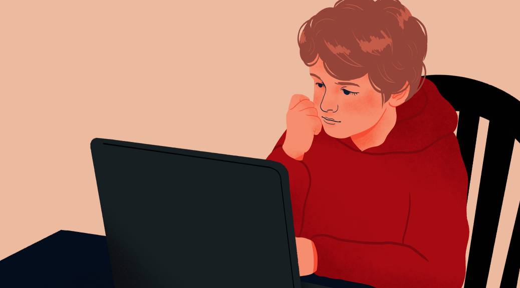 Illustration of teen in hoodie on a laptop