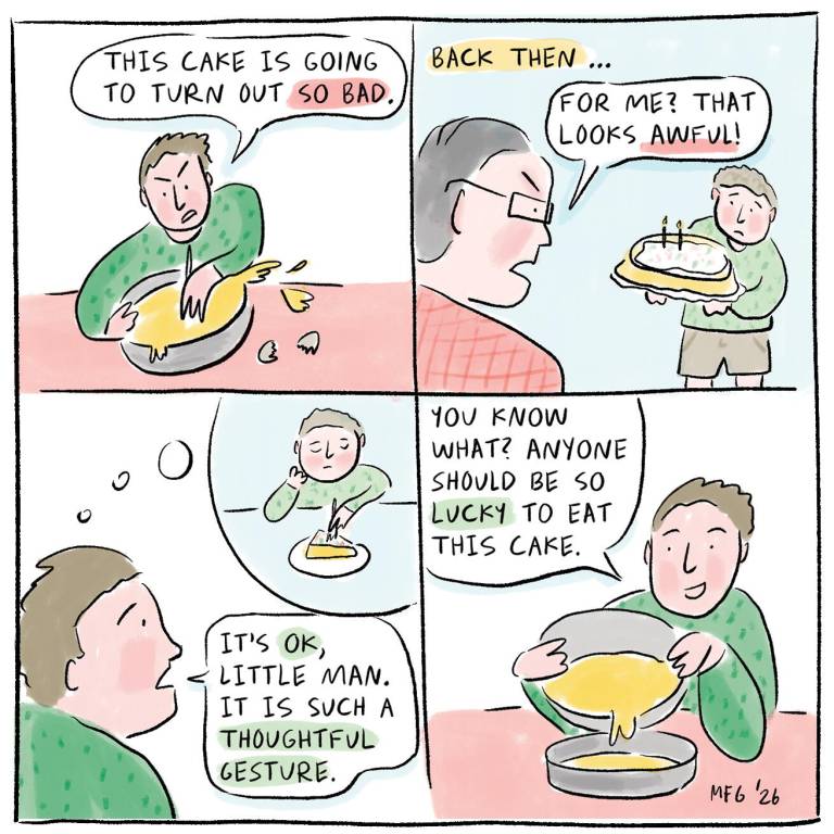 A man reshapes a troubling memory of baking a cake as a way to boost his self-esteem.