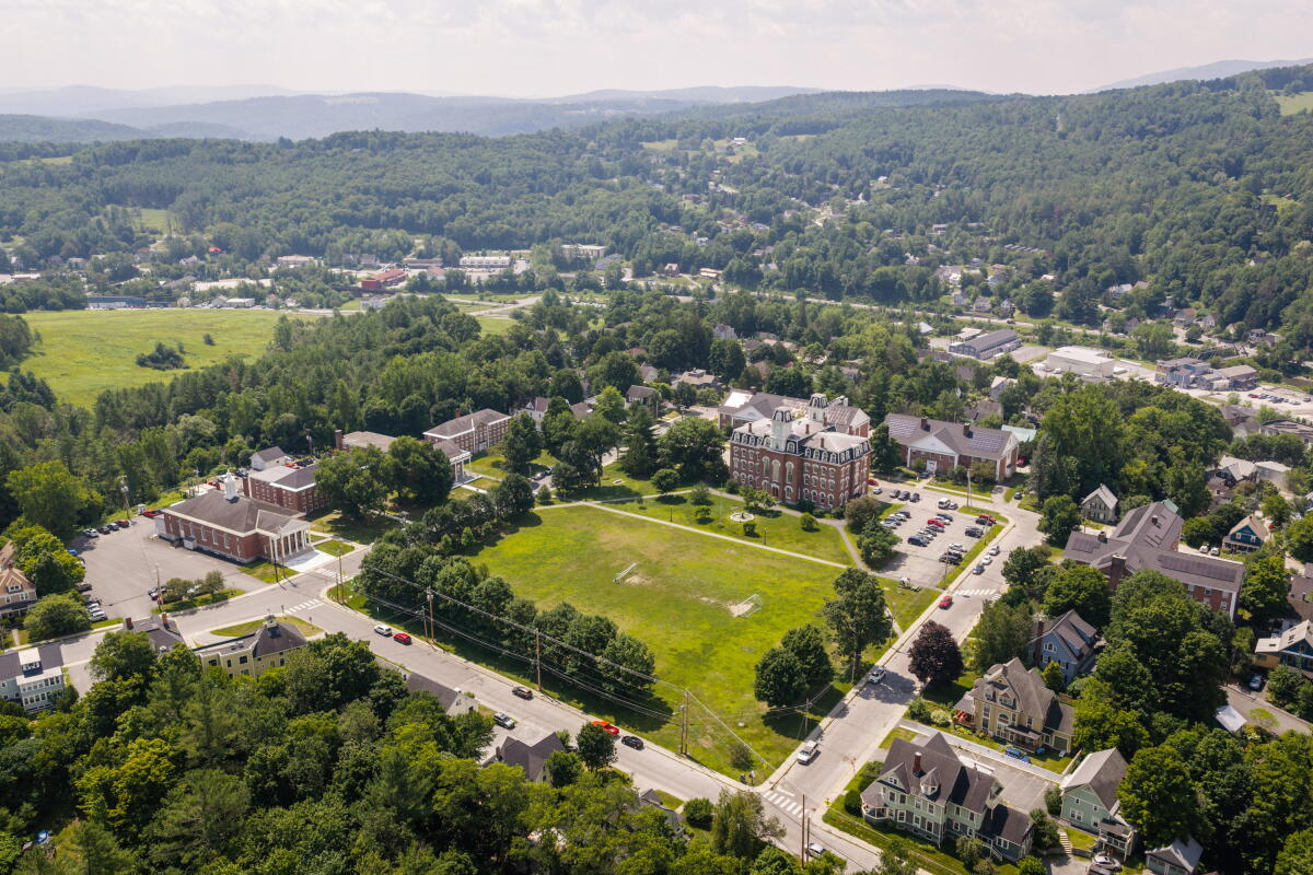 Aerial photo of a college campus.