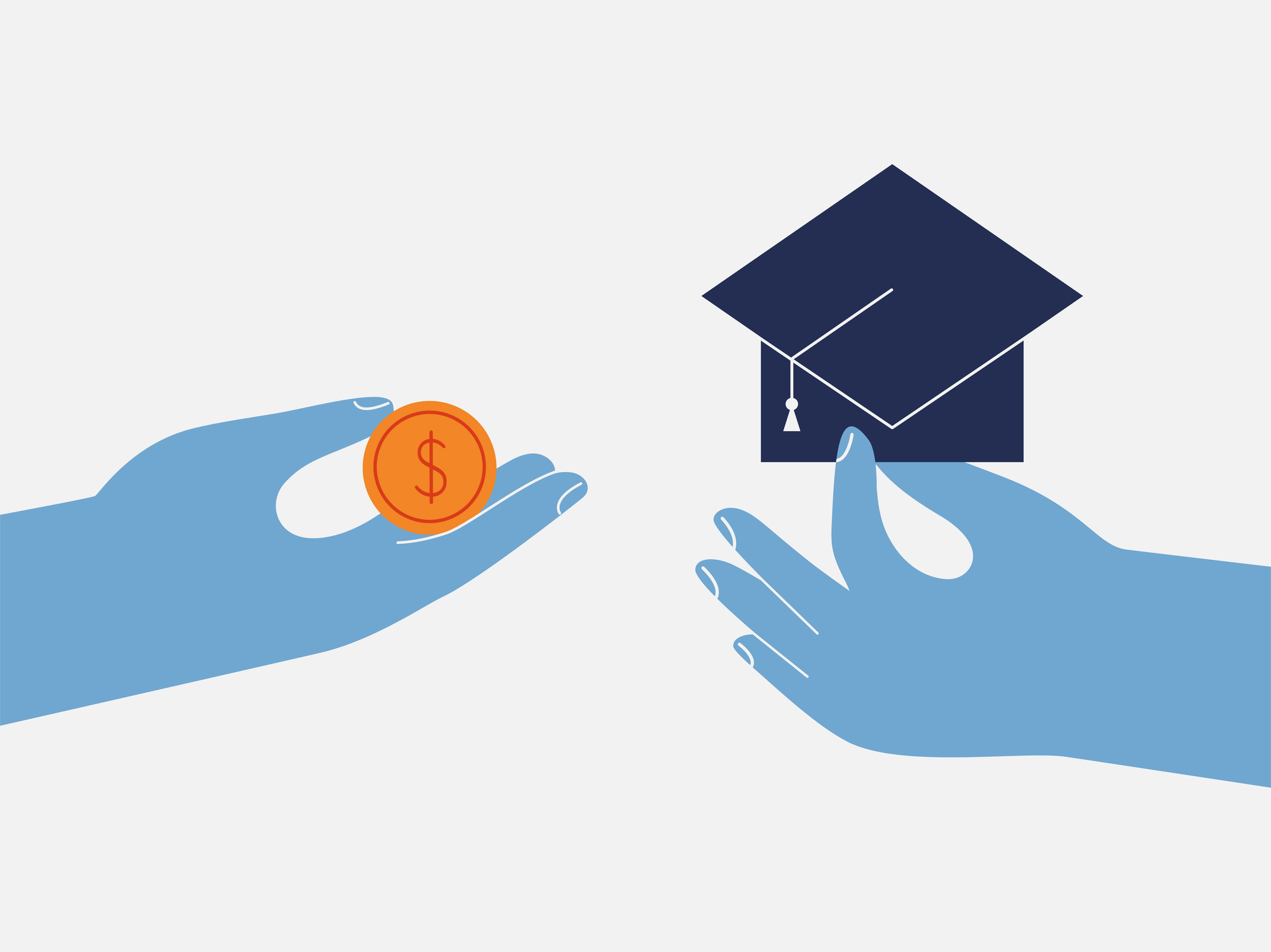 Illustration of hand exchanging money for a diploma
