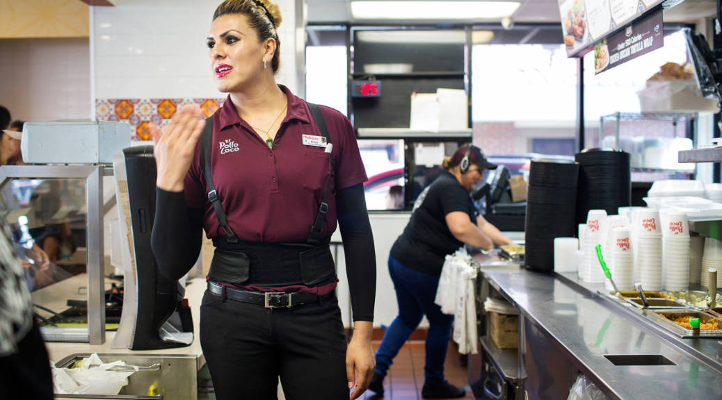 General Manager Kristy Ramirez helps a customer at one of the El Pollo Loco franchises owned by Michaela Mendelsohn in Southern California. Mendelsohn is a transgender activist who helped launch the nation's first large-scale jobs program for transgender people.