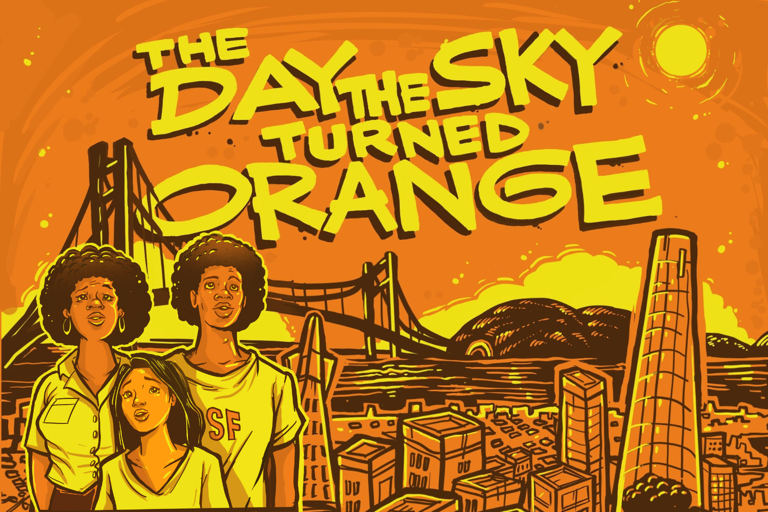 A drawn poster promoting the play "The Day the Sky Turned Orange" with three individuals on the left-hand side of the poster looking at the sky with San Francisco in the background.