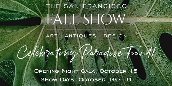 Banner describing the details of the San Francisco Fall Show against a background image of a green leaf.