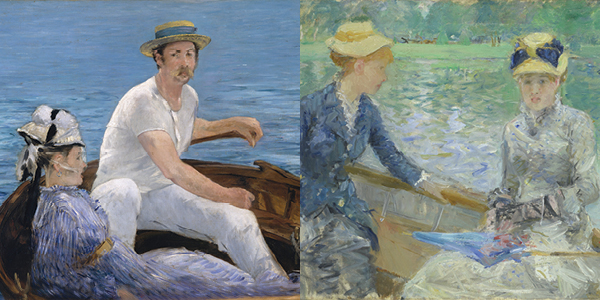 Left side shows Édouard Manet's Boating painting. Right side shows Berthe Morisot's Summer's Day painting