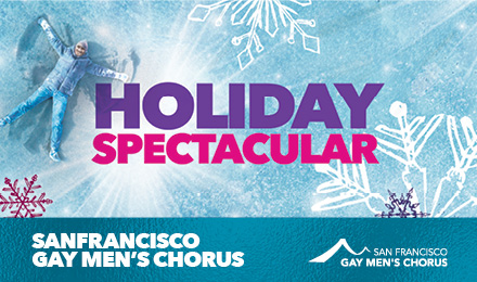 "Holiday Spectacular" printed on a snowflake background with "San Francisco Gay Men's Chorus" mentioned underneath