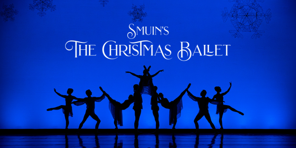 Ballet dancers in the shadows of a blue blackground with "Smuin's The Christmas Ballet" written on top of them