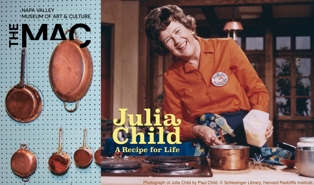 Banner with an image of Julia Child to promote the exhibit: Julia Child: A Recipe for Life