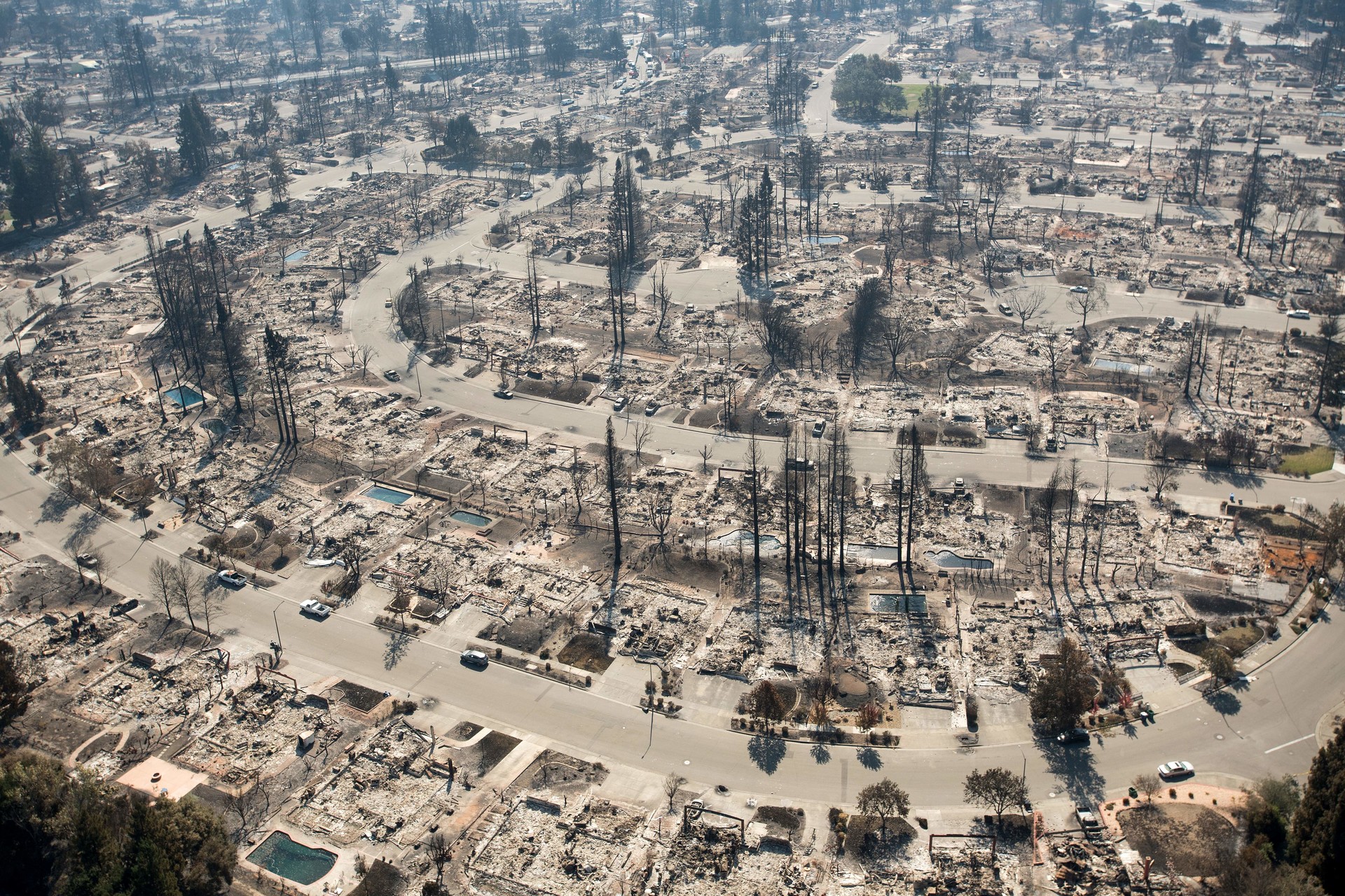 Row and after row of a suburban neighborhood lay in shambles. The homes are no longer intact. The plots are strewn about with debris and char from fire. Naked trees line each street.