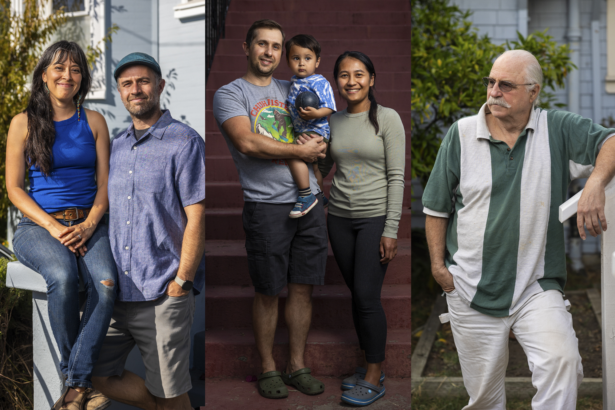 Three photos side-by-side of people standing in front of their homes.