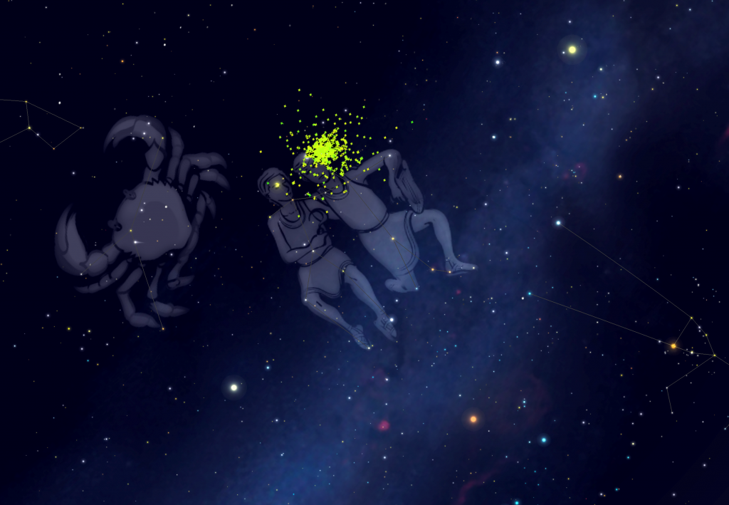 An digital rendering of the constelations in the stars forming two brothers alongside a crab. 