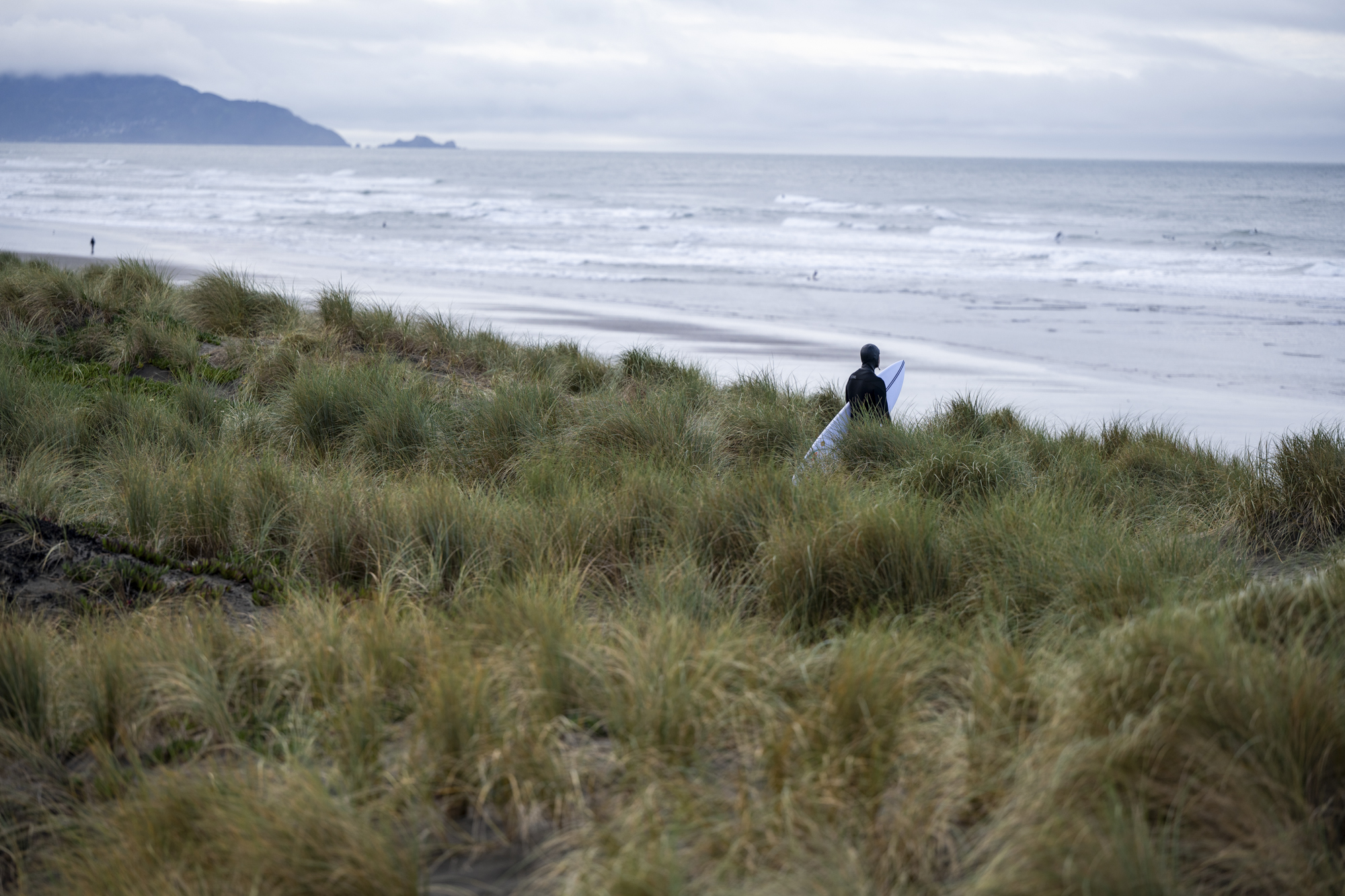 A surfer heads toward the water in tall grass with the ocean stretching out to a cloudy gray horizon.