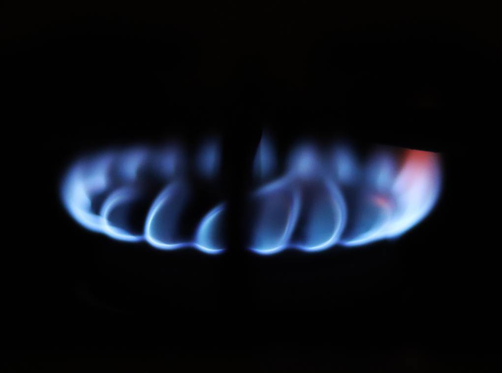 Blue flames from a stove against a black background.