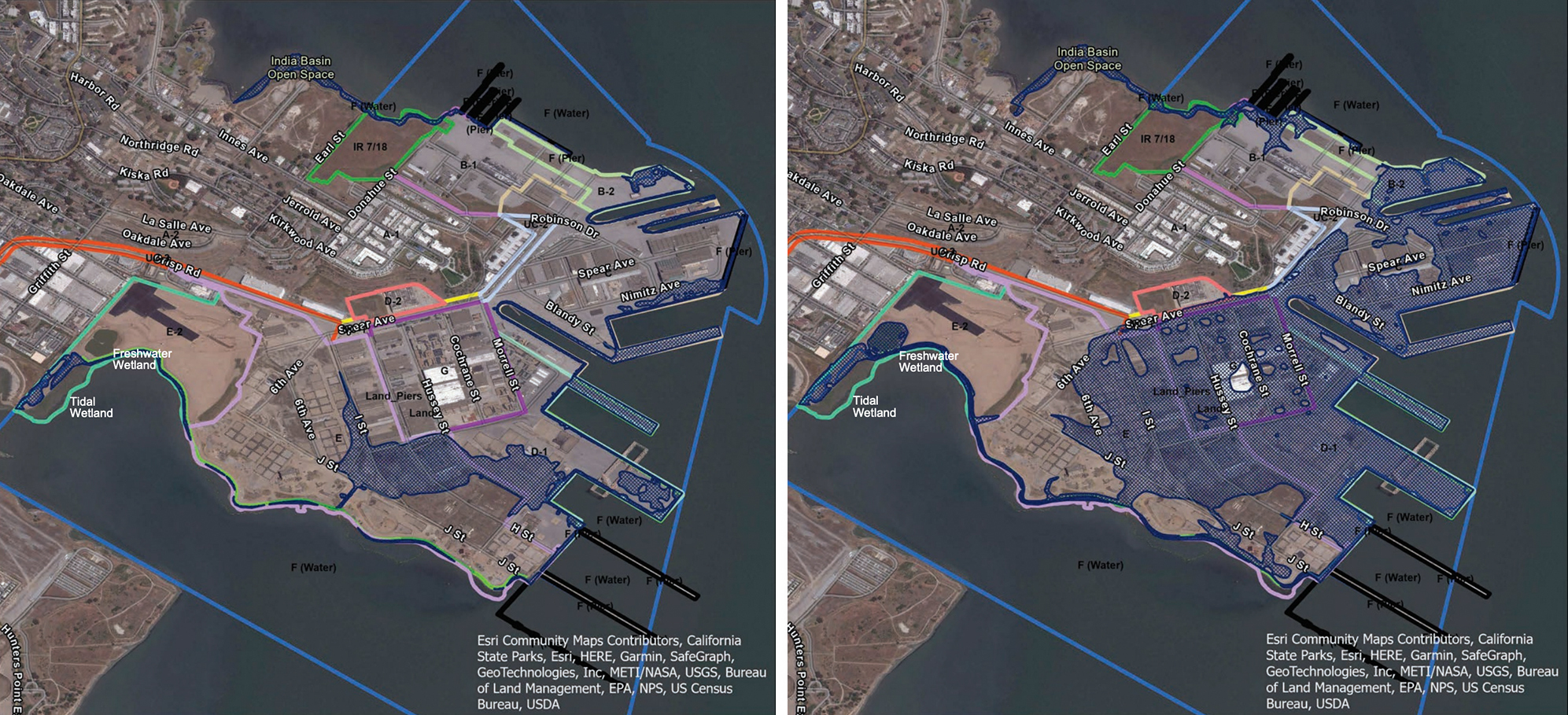 Two side by side aerial maps of the Hunters Point Naval Shipyard. A dark blue shaded areas show where flooding could occur from storms in 2035 and 2065.