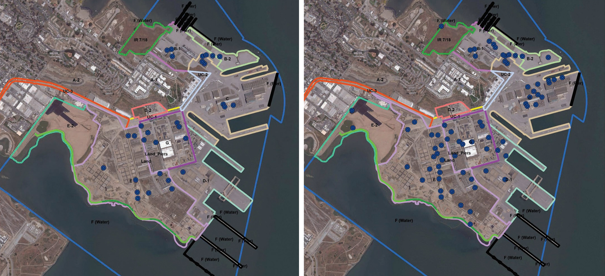 Two side by side aerial maps of the Hunters Point Naval Shipyard. Dark blue circles are randomly spread out across the land showcasing where groundwater could be within three feet of the surface in 2035 and 2065.