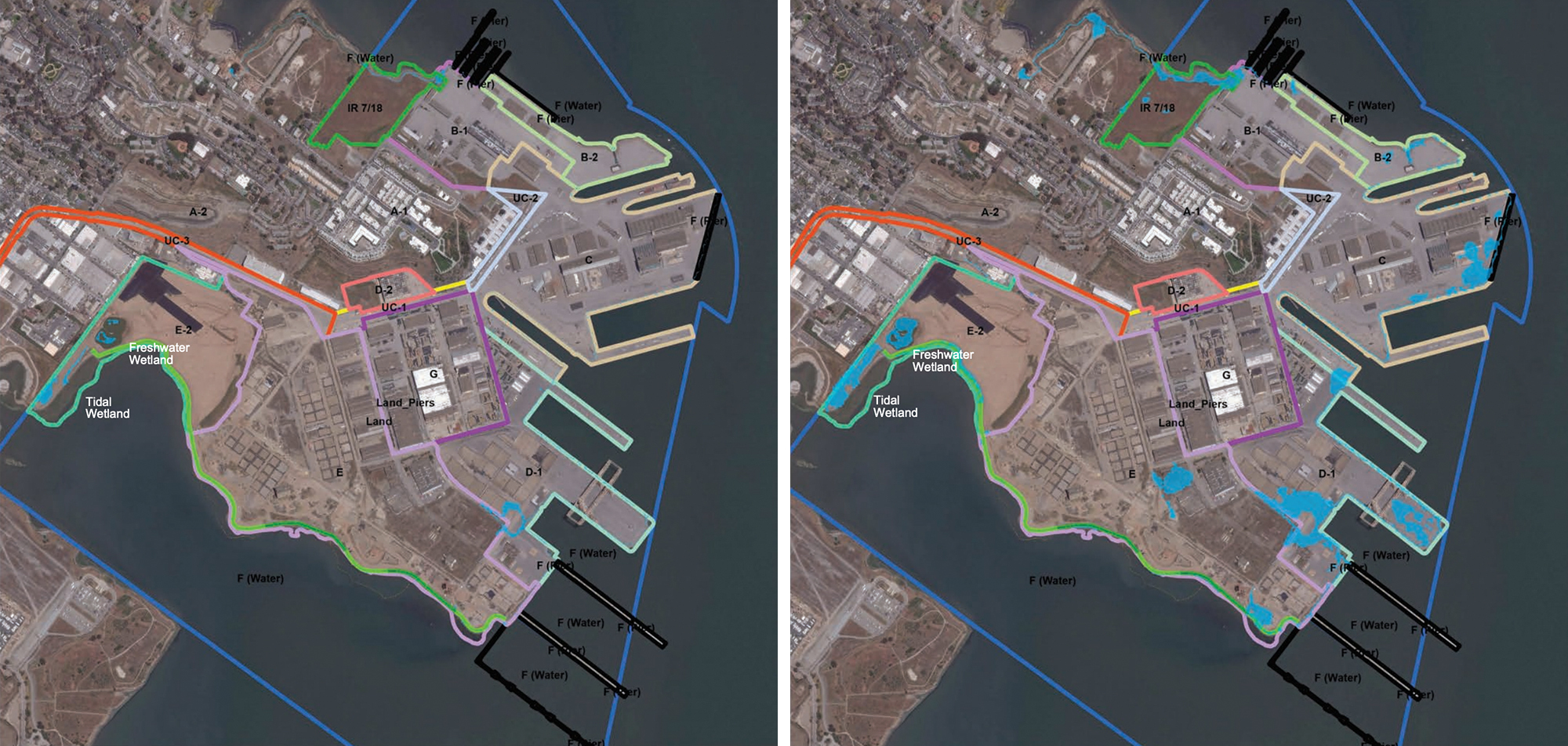 Two side by side aerial maps of the Hunters Point Naval Shipyard. Dark blue circles are randomly spread out across the land showcasing where groundwater could emerge above the land surface in 2035 and 2065.