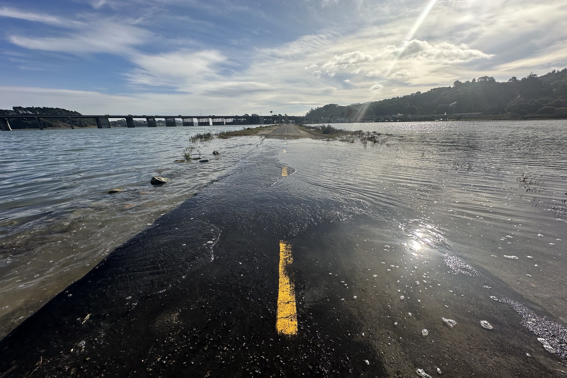 A road is submerged by water.