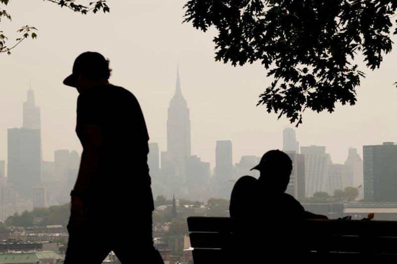 Two people - one seated on a bench - in a park in New York under a hazy sky.