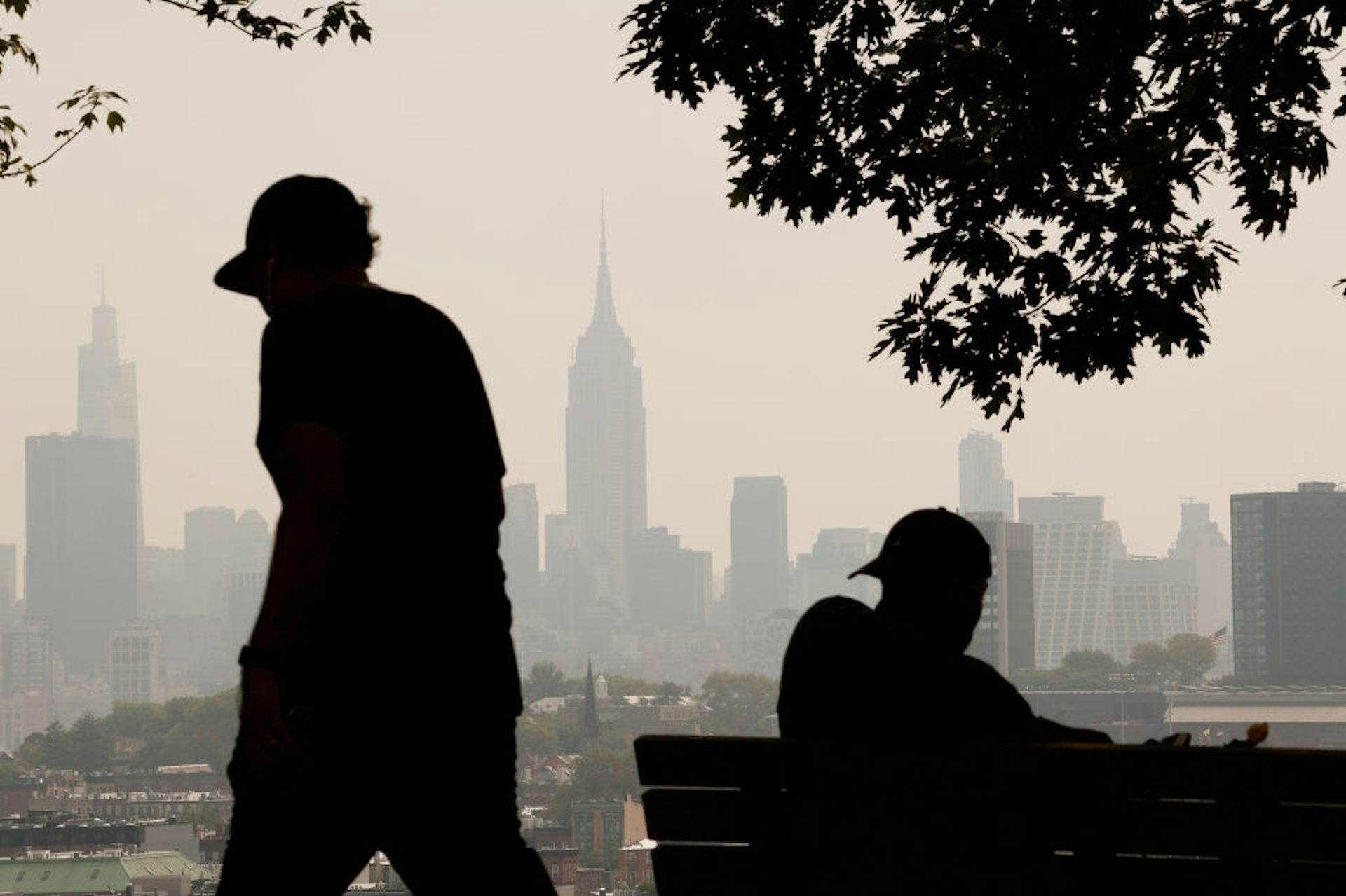 Two people - one seated on a bench - in a park in New York under a hazy sky.