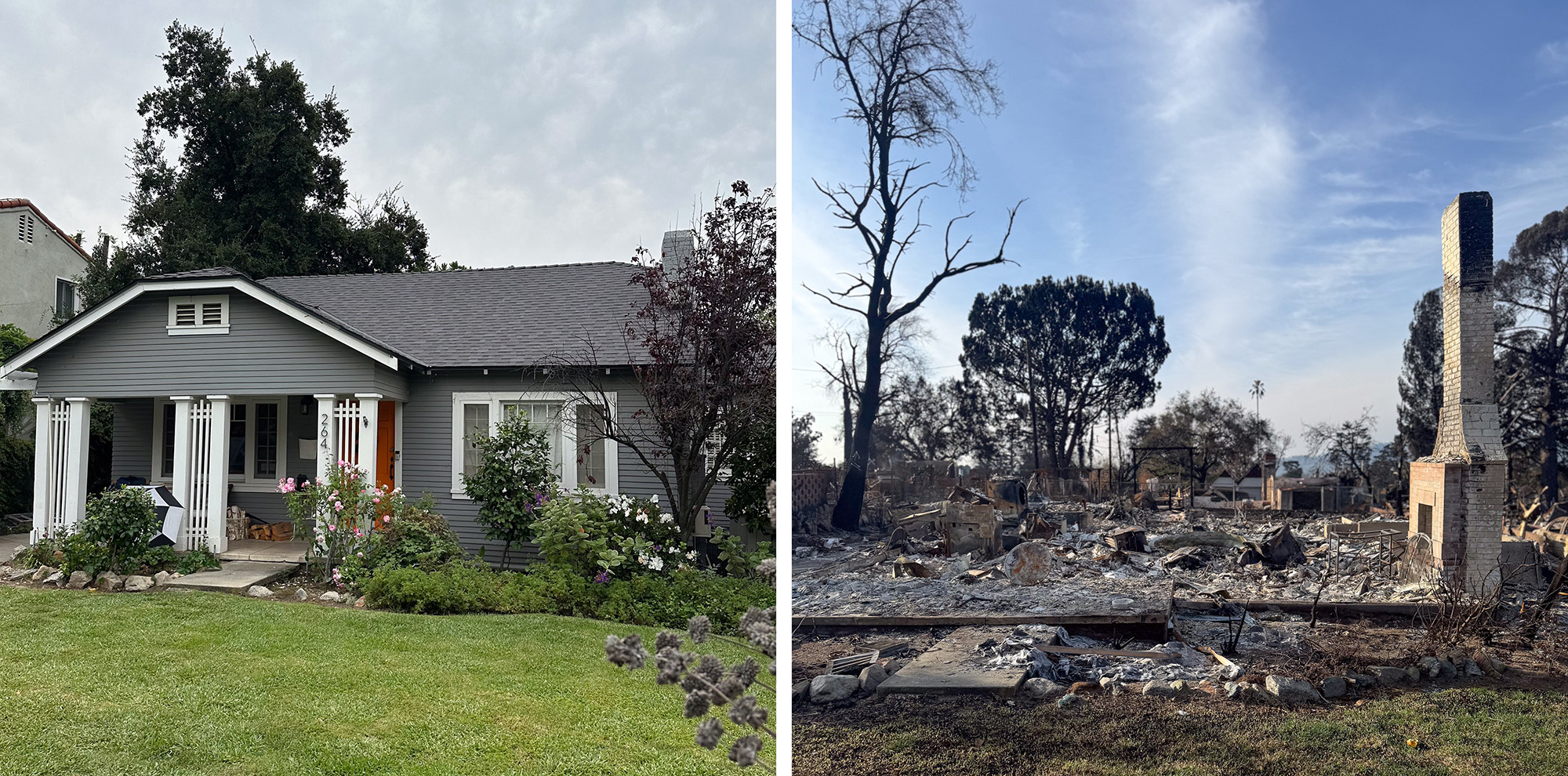 A before and after picture of a small, one-story, nicely kept home, and the remains of it after it was burned down.