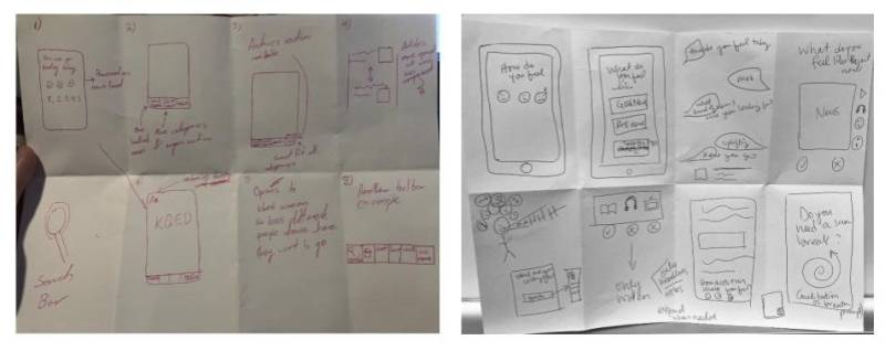 Two pieces of 8.5 by 11 inch paper side by side. Each piece of paper has eight hand-drawn images of mobile app ideas.