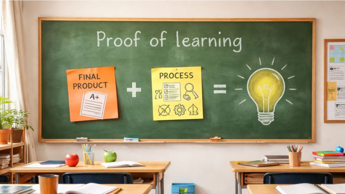 Classroom chalkboard graphic titled “Proof of learning,” showing an equation: a final product with an A+ grade plus the learning process equals a glowing lightbulb, representing demonstrated learning.