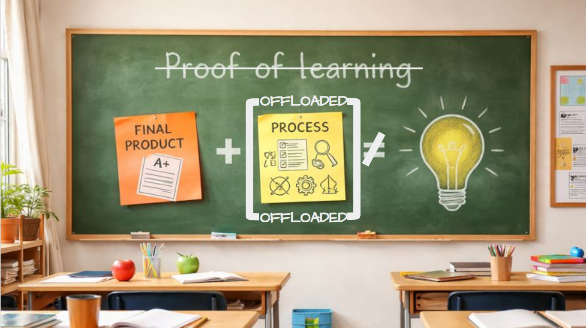 Classroom chalkboard graphic with “Proof of learning” crossed out. An equation shows a final product plus an “offloaded” learning process does not equal a glowing lightbulb, illustrating that outsourcing the process does not demonstrate learning.