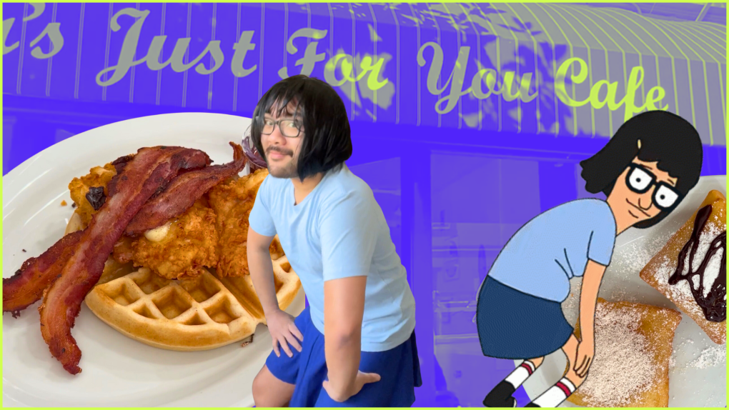 A young Filipino man with glasses in a black bob wig crouches back to back with the animated character Tina Belcher from Bob's Burgers. A plate of chicken and waffles is in the background.