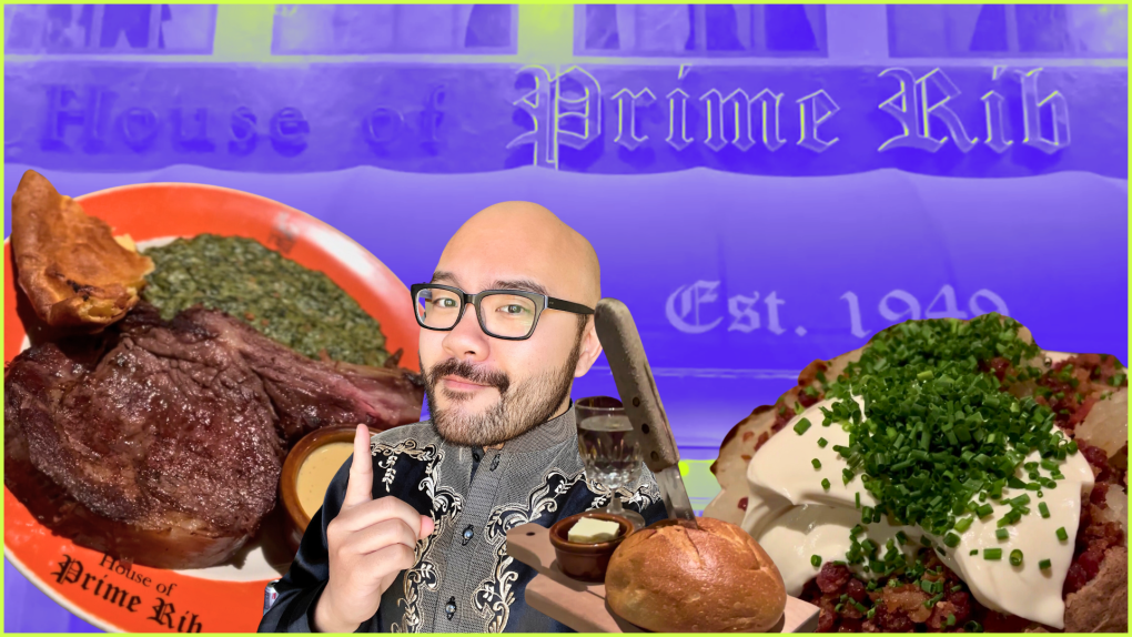 A young bald Filipino man with glasses sits next to a plate of meat from House of Prime Rib