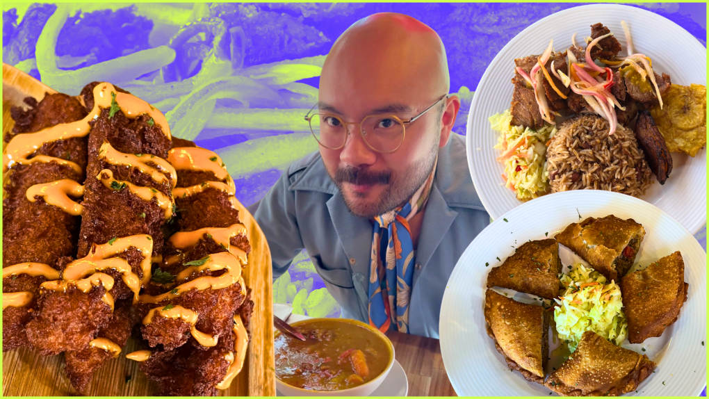 Josh Decolongon, a young bald Filipino man with glasses and facial hair, stands in the backgrounds. Multiple Hatian dishes including fried plantains and soup joumou, are in the foreground