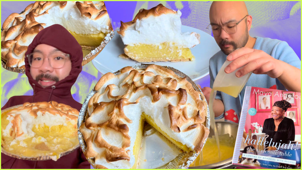 A variety of lemon meringue pies are collaged alongside images of Josh Decolongon, a young bald Filipino man with glasses. Maya Angelou's cookbook is in the lower right corner of the image.