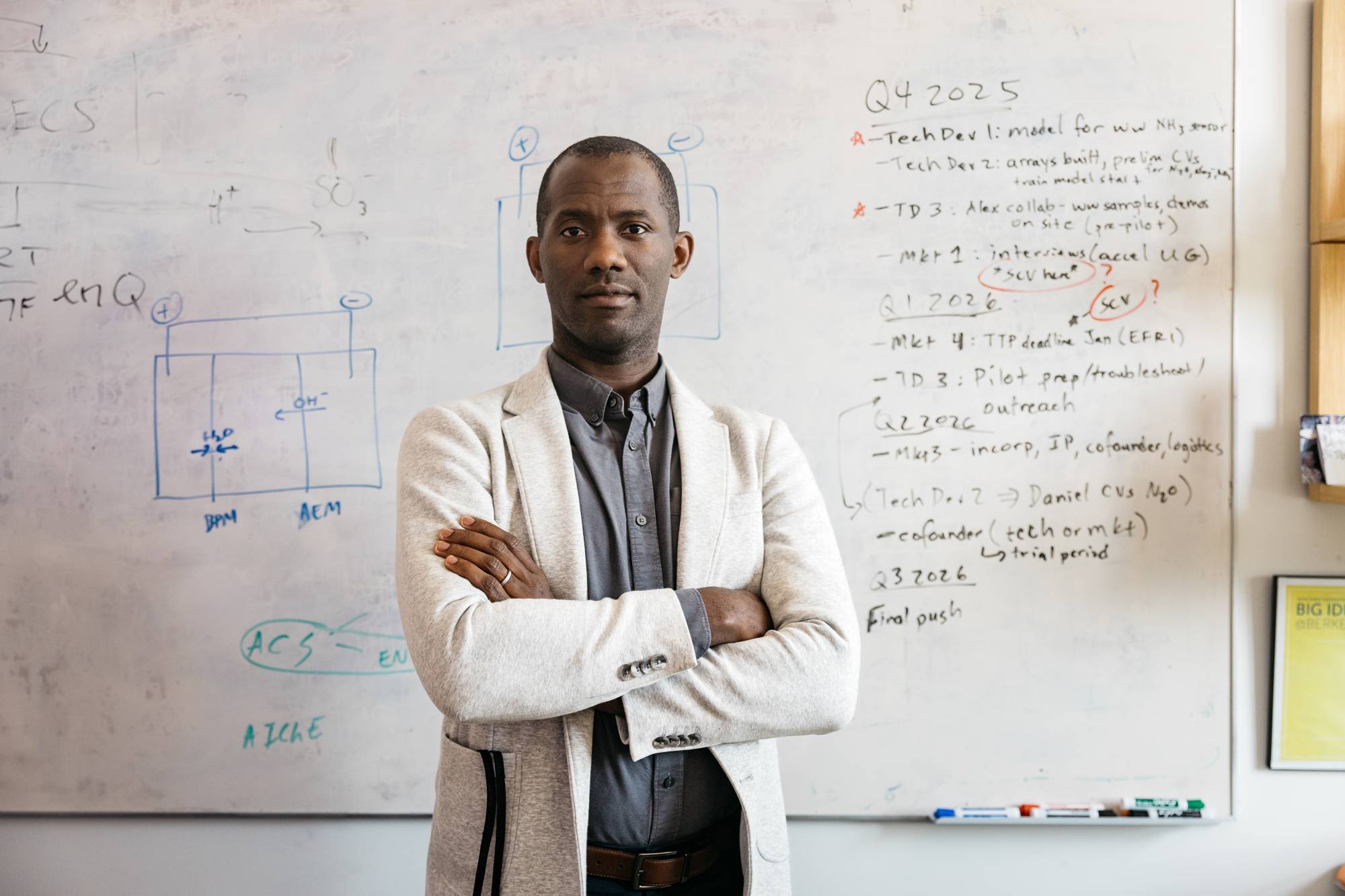 A black man in a white lab coat crosses his arms with a serious expression. He's standing in front of a white board filled with writing and equations.