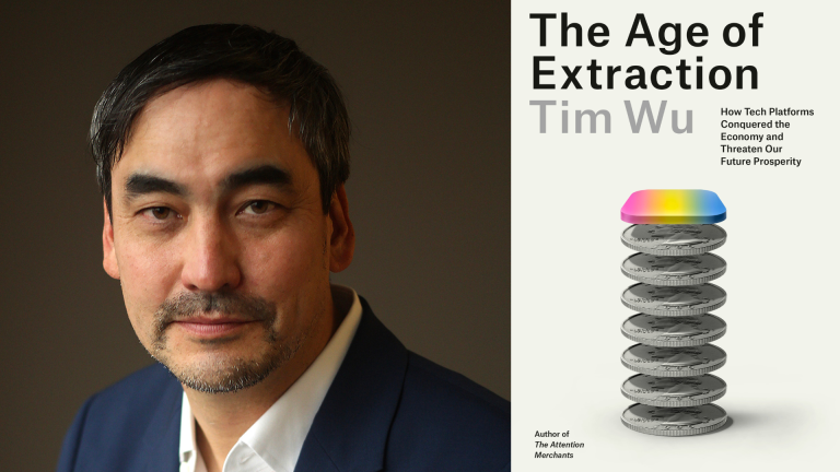 On the left is a man's professional headshot. He's of Asian descent, is wearing a navy suit, white collared shirt, has a slight smile and dark hair. On the right is an image of a book cover with the title: "The Age of Extraction"