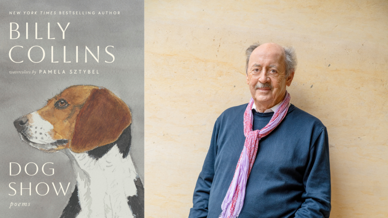 On the left is an image of a book cover with a picture of a white a brown dog on it. The title of the book is "Dog Show". On the left is an image of an older white man leaning against a beige wall. He is wearing a dark blue long sleeve shirt, and a thin pink scarf. He has white and gray hair and is smiling softly.