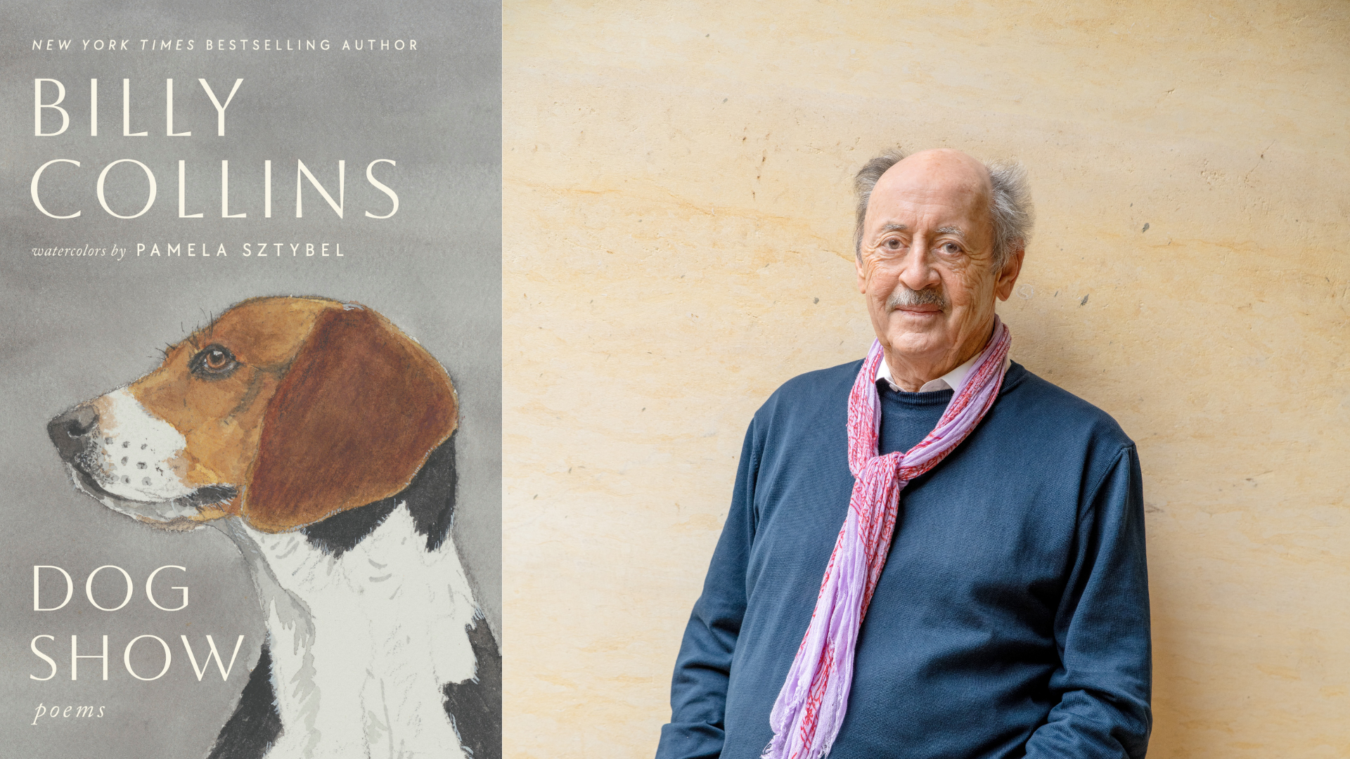 On the left is an image of a book cover with a picture of a white a brown dog on it. The title of the book is "Dog Show". On the left is an image of an older white man leaning against a beige wall. He is wearing a dark blue long sleeve shirt, and a thin pink scarf. He has white and gray hair and is smiling softly.