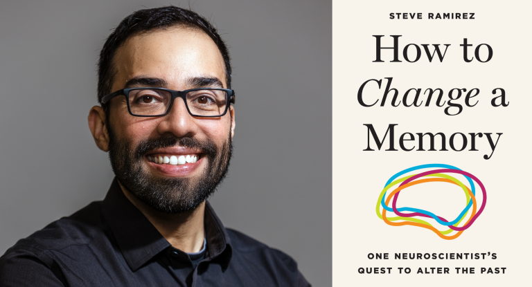 On the left is a professional headshot of a hispanic man who is smiling, has short dark hair, and is wearing black glasses. On the right is an image of the front of a book titled "How to Change a Memory."